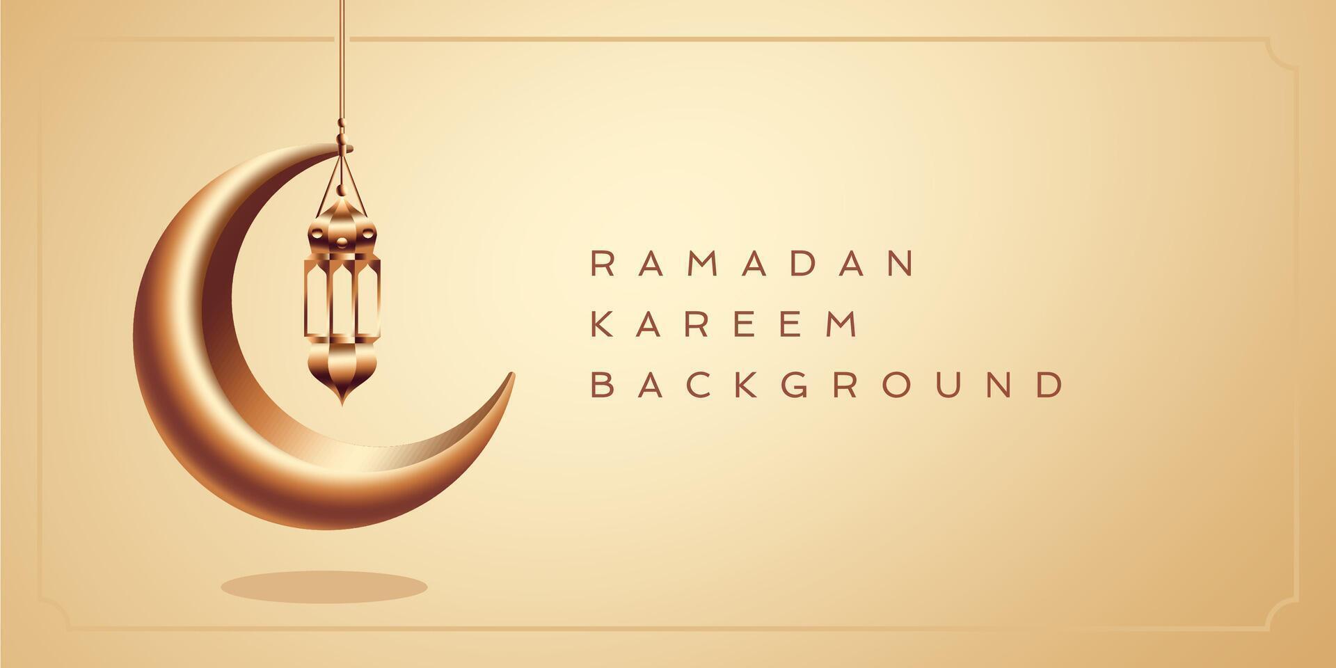 gold ramadan kareem greeting card vector. 3d vector modern Islamic holiday banner, Ramadan Kareem means Ramadan the Generous Month. hanging lantern and crescent moon decor illustration