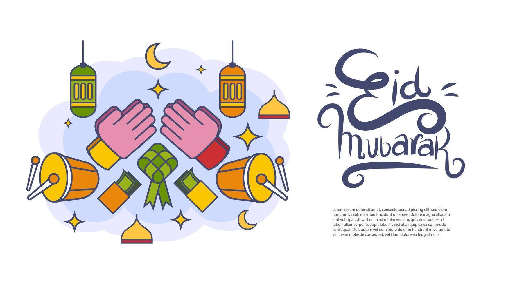 eid Mubarak bandera con sencillo contorno mano dibujado ilustración y caligrafía vector