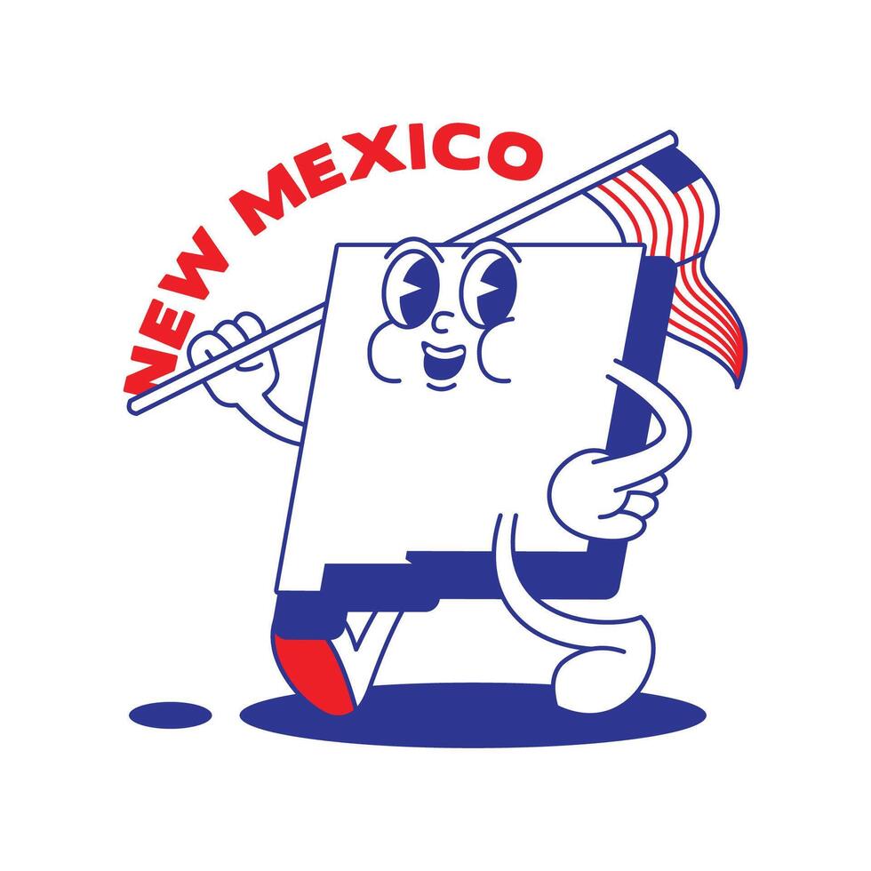 New Mexico State retro mascot with hand and foot clip art. USA Map Retro cartoon stickers with funny comic characters and gloved hands. Vector template for website, design, cover, infographics.