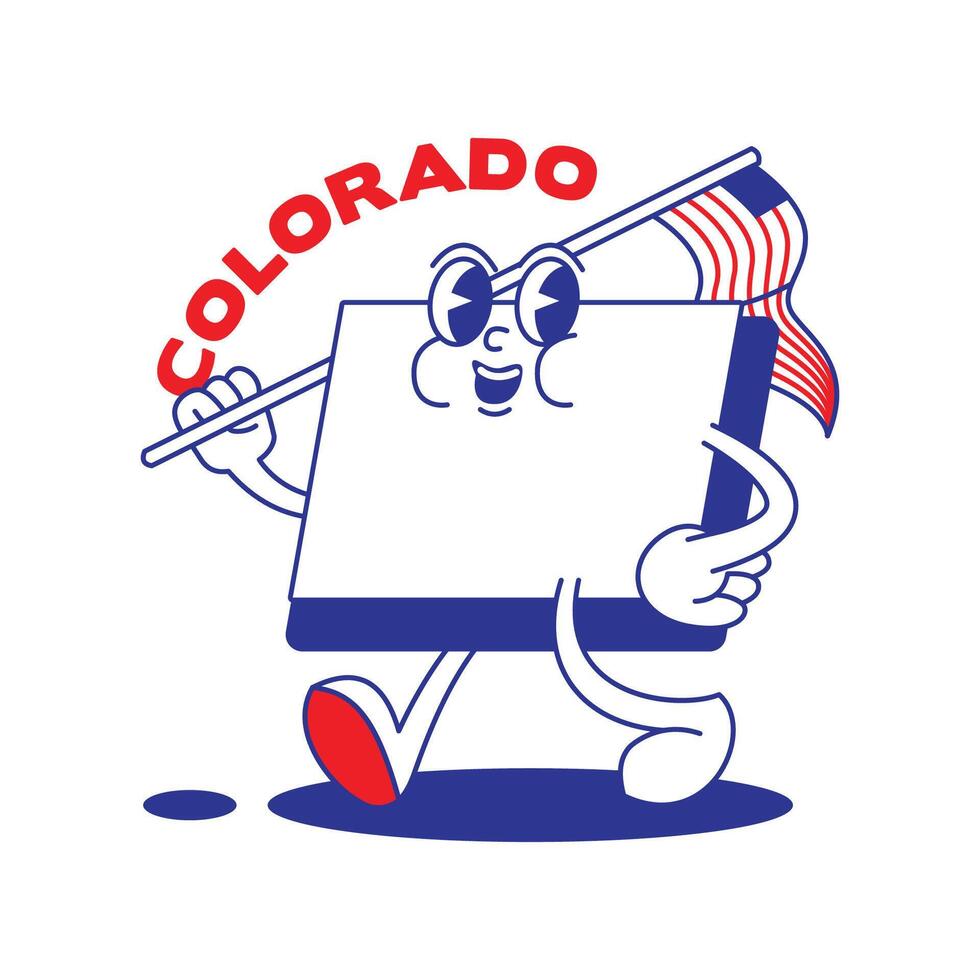 Colorado estado retro mascota con mano y pie acortar Arte. Estados Unidos mapa retro dibujos animados pegatinas con gracioso cómic caracteres y enguantado manos. vector modelo para sitio web, diseño, cubrir, infografía.