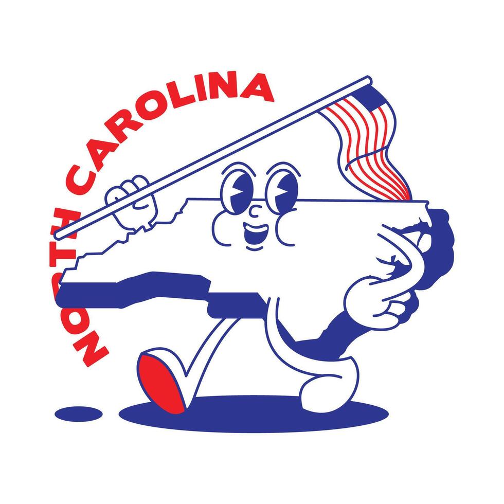 norte carolina estado retro mascota con mano y pie acortar Arte. Estados Unidos mapa retro dibujos animados pegatinas con gracioso cómic caracteres y enguantado manos. vector modelo para sitio web, diseño, cubrir, infografía.