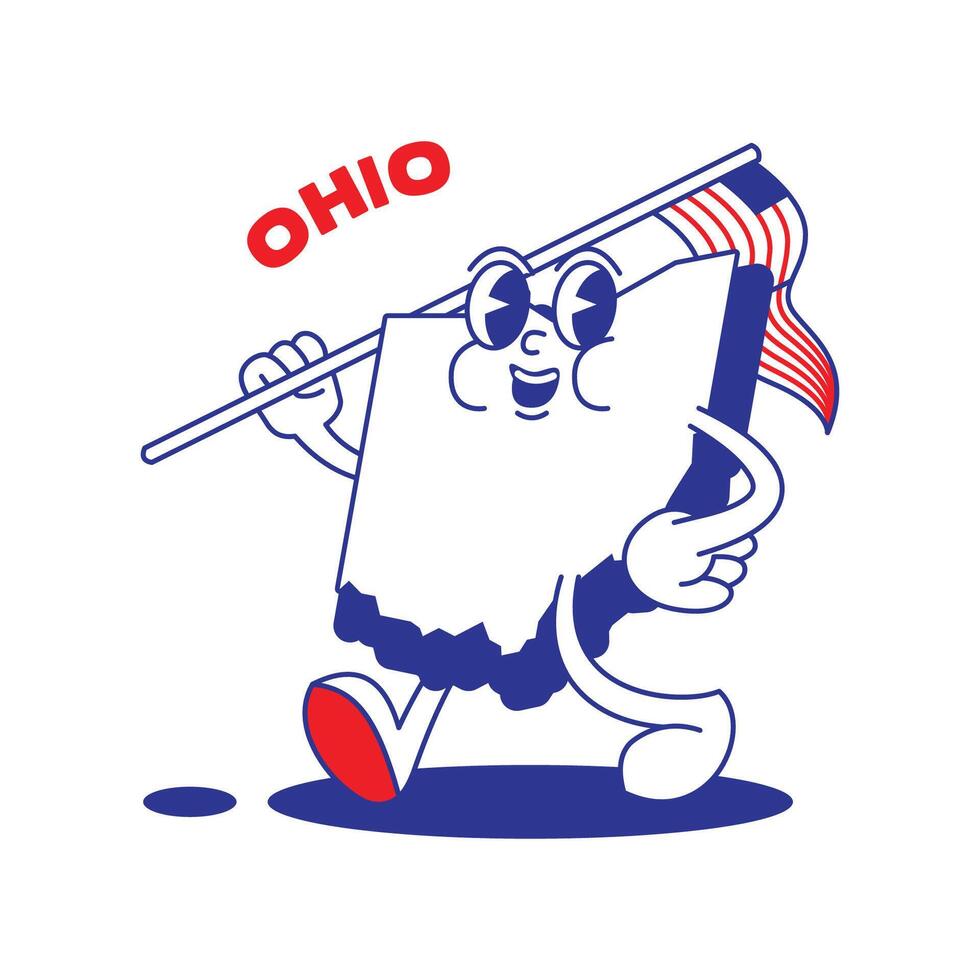 Ohio estado retro mascota con mano y pie acortar Arte. Estados Unidos mapa retro dibujos animados pegatinas con gracioso cómic caracteres y enguantado manos. vector modelo para sitio web, diseño, cubrir, infografía.