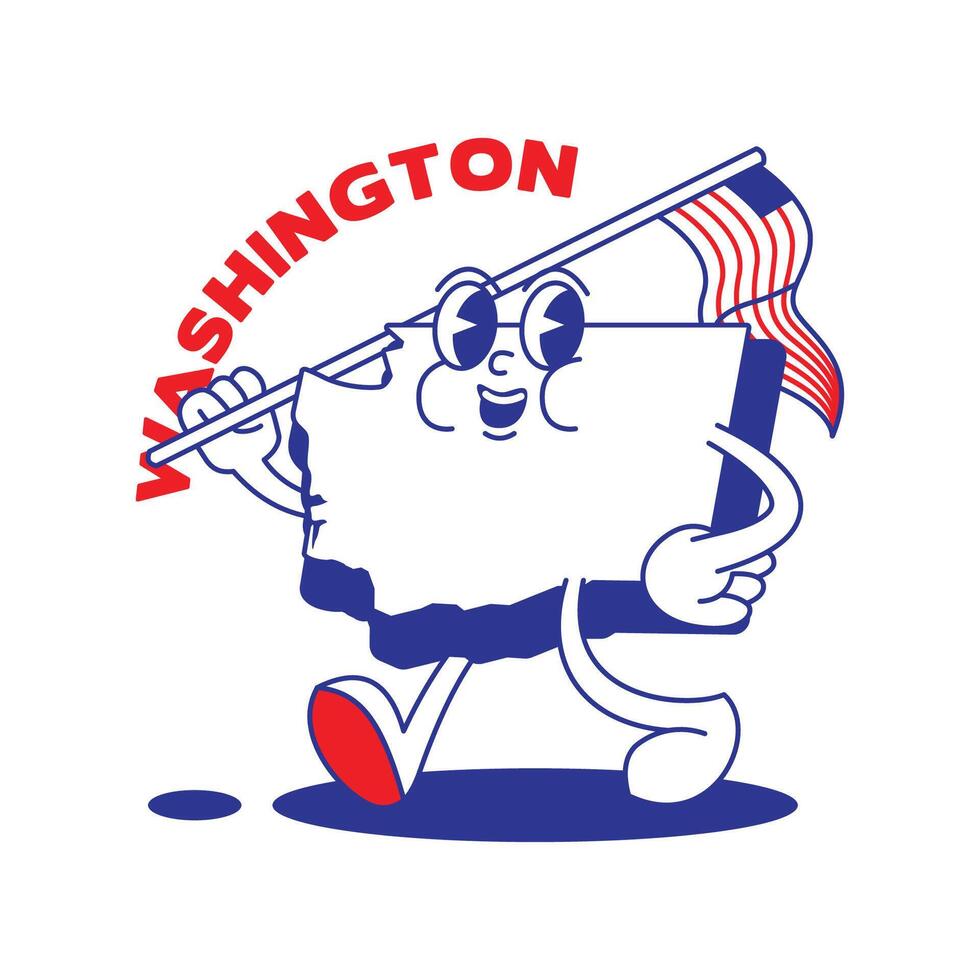 Washington State retro mascot with hand and foot clip art. USA Map Retro cartoon stickers with funny comic characters and gloved hands. Vector template for website, design, cover, infographics.