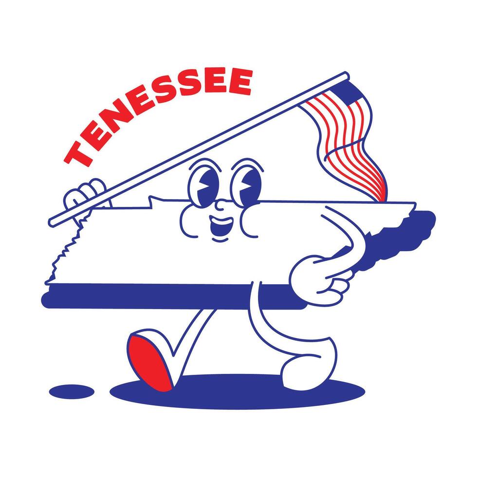 Tennesse estado retro mascota con mano y pie acortar Arte. Estados Unidos mapa retro dibujos animados pegatinas con gracioso cómic caracteres y enguantado manos. vector modelo para sitio web, diseño, cubrir, infografía.