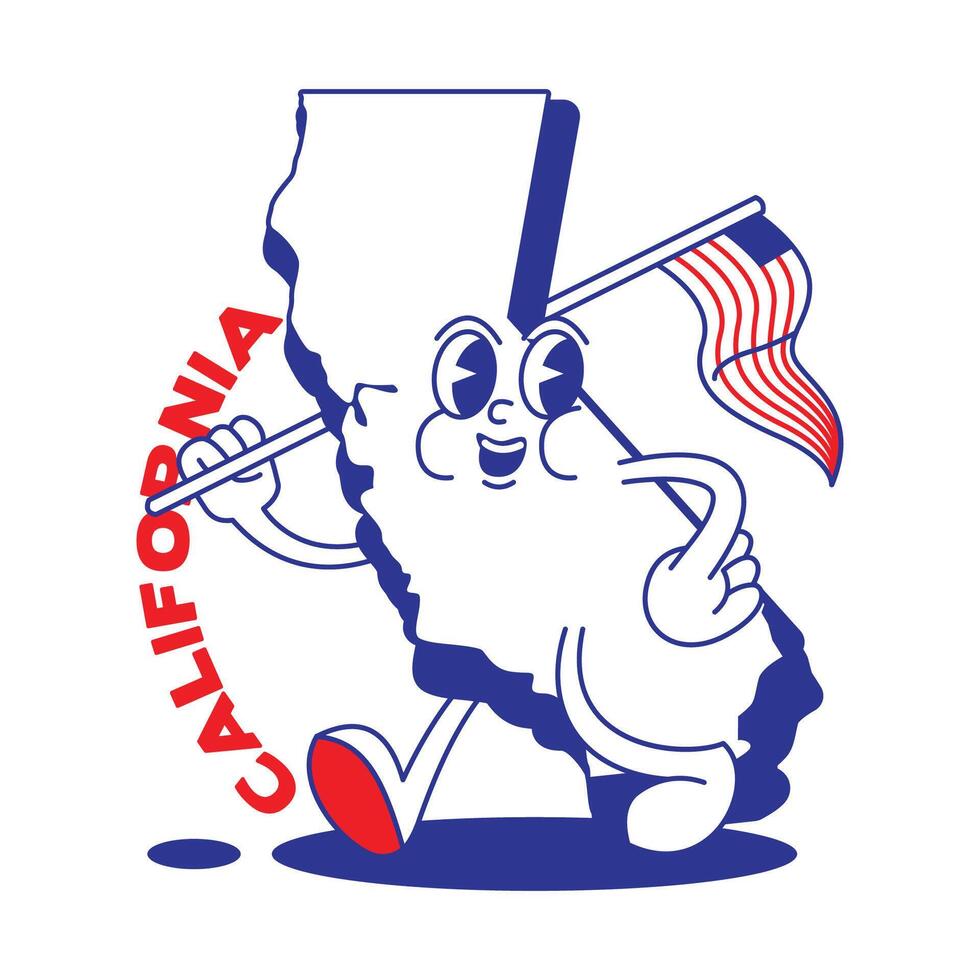 California estado retro mascota con mano y pie acortar Arte. Estados Unidos mapa retro dibujos animados pegatinas con gracioso cómic caracteres y enguantado manos. vector modelo para sitio web, diseño, cubrir, infografía.