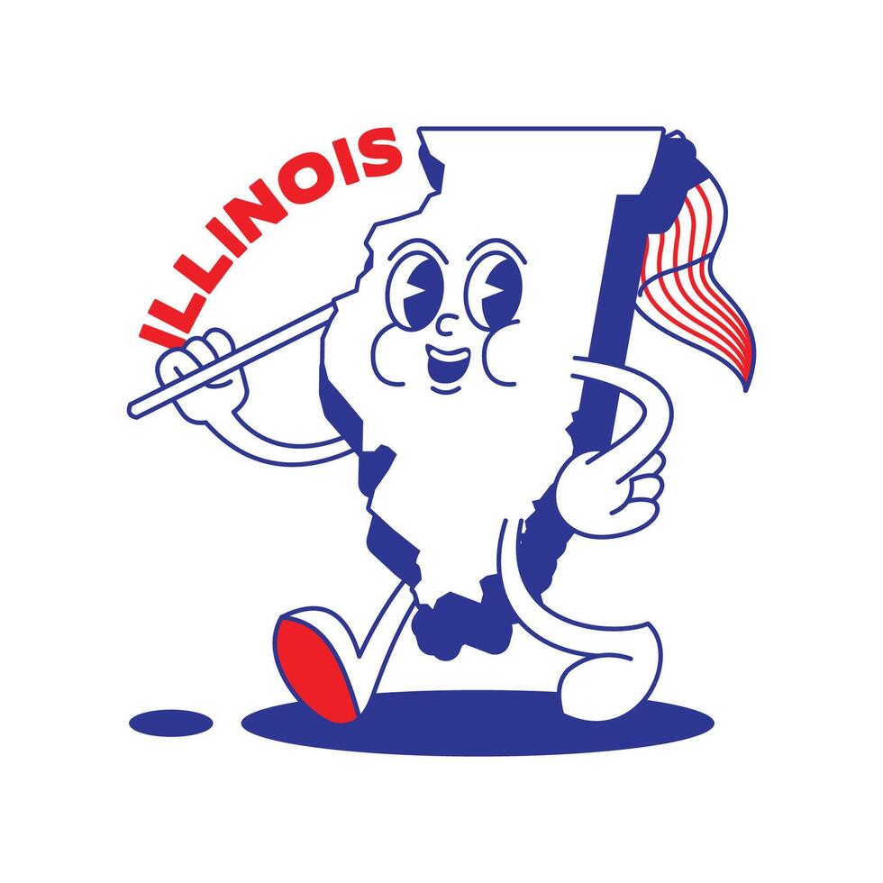 Illinois estado retro mascota con mano y pie acortar Arte. Estados Unidos mapa retro dibujos animados pegatinas con gracioso cómic caracteres y enguantado manos. vector modelo para sitio web, diseño, cubrir, infografía.