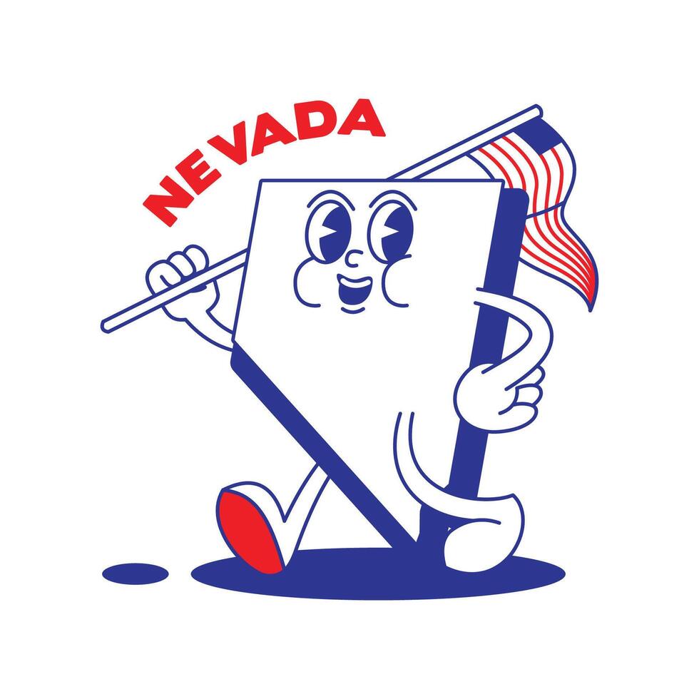 Nevada estado retro mascota con mano y pie acortar Arte. Estados Unidos mapa retro dibujos animados pegatinas con gracioso cómic caracteres y enguantado manos. vector modelo para sitio web, diseño, cubrir, infografía.