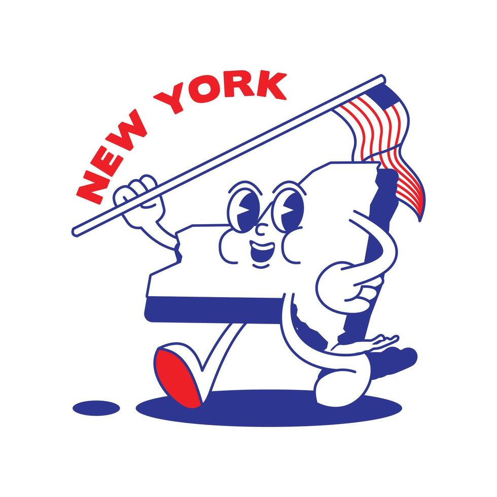 New York State retro mascot with hand and foot clip art. USA Map Retro cartoon stickers with funny comic characters and gloved hands. Vector template for website, design, cover, infographics.