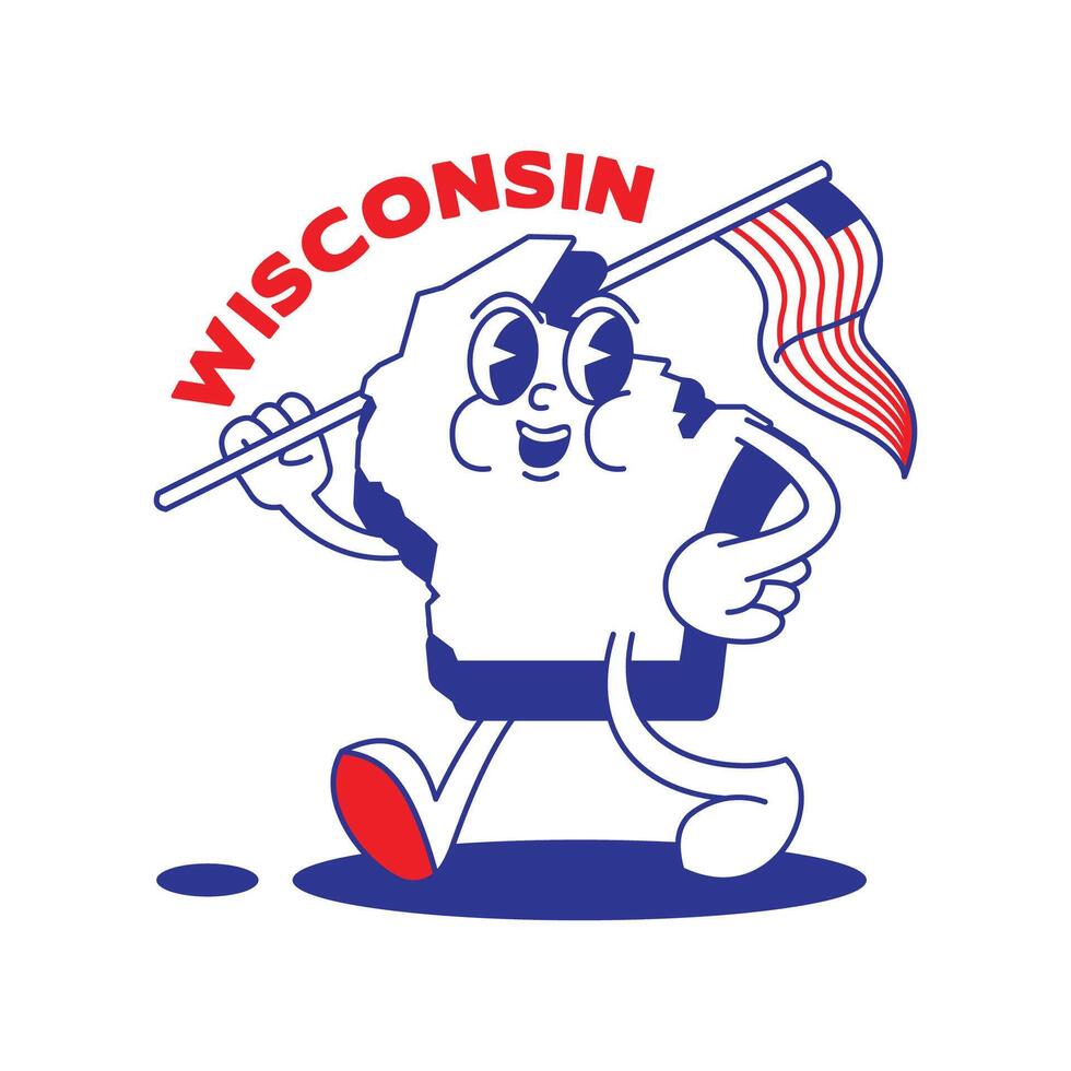 Wisconsin State retro mascot with hand and foot clip art. USA Map Retro cartoon stickers with funny comic characters and gloved hands. Vector template for website, design, cover, infographics.