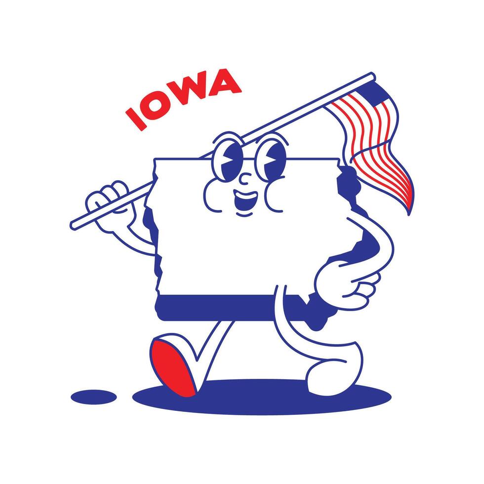 Iowa estado retro mascota con mano y pie acortar Arte. Estados Unidos mapa retro dibujos animados pegatinas con gracioso cómic caracteres y enguantado manos. vector modelo para sitio web, diseño, cubrir, infografía.