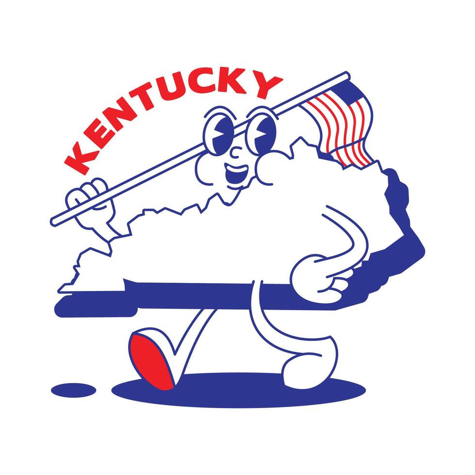 Kentucky State retro mascot with hand and foot clip art. USA Map Retro cartoon stickers with funny comic characters and gloved hands. Vector template for website, design, cover, infographics.