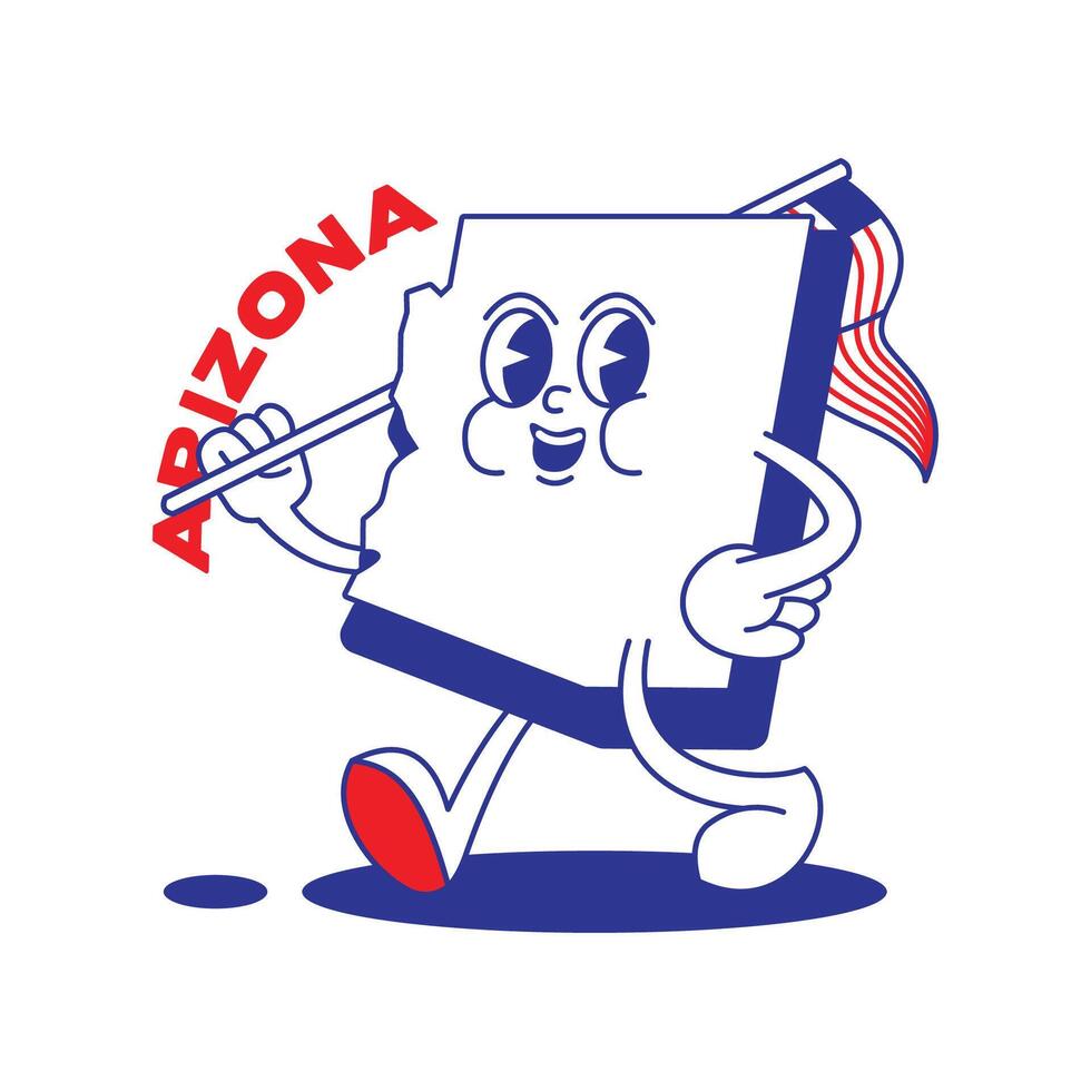 Arizona estado retro mascota con mano y pie acortar Arte. Estados Unidos mapa retro dibujos animados pegatinas con gracioso cómic caracteres y enguantado manos. vector modelo para sitio web, diseño, cubrir, infografía.