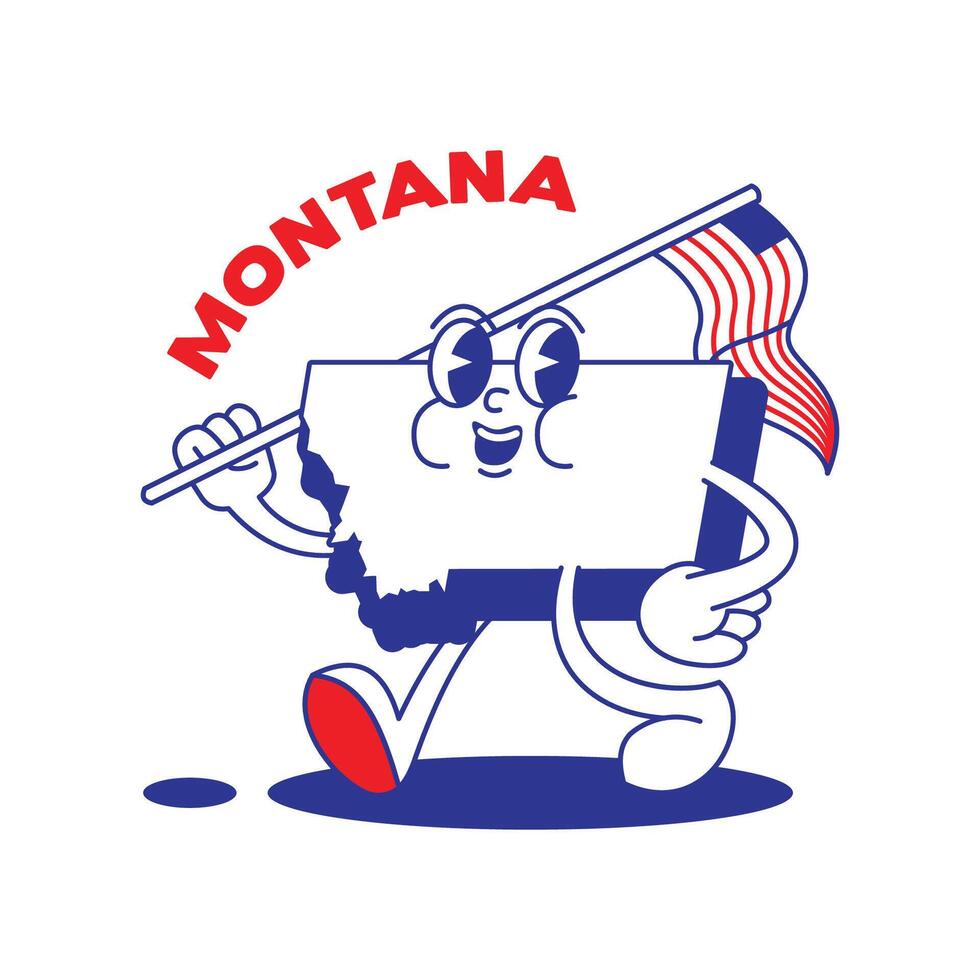 Montana estado retro mascota con mano y pie acortar Arte. Estados Unidos mapa retro dibujos animados pegatinas con gracioso cómic caracteres y enguantado manos. vector modelo para sitio web, diseño, cubrir, infografía.