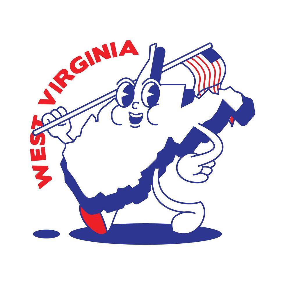 West Virginia State retro mascot with hand and foot clip art. USA Map Retro cartoon stickers with funny comic characters and gloved hands. Vector template for website, design, cover, infographics.