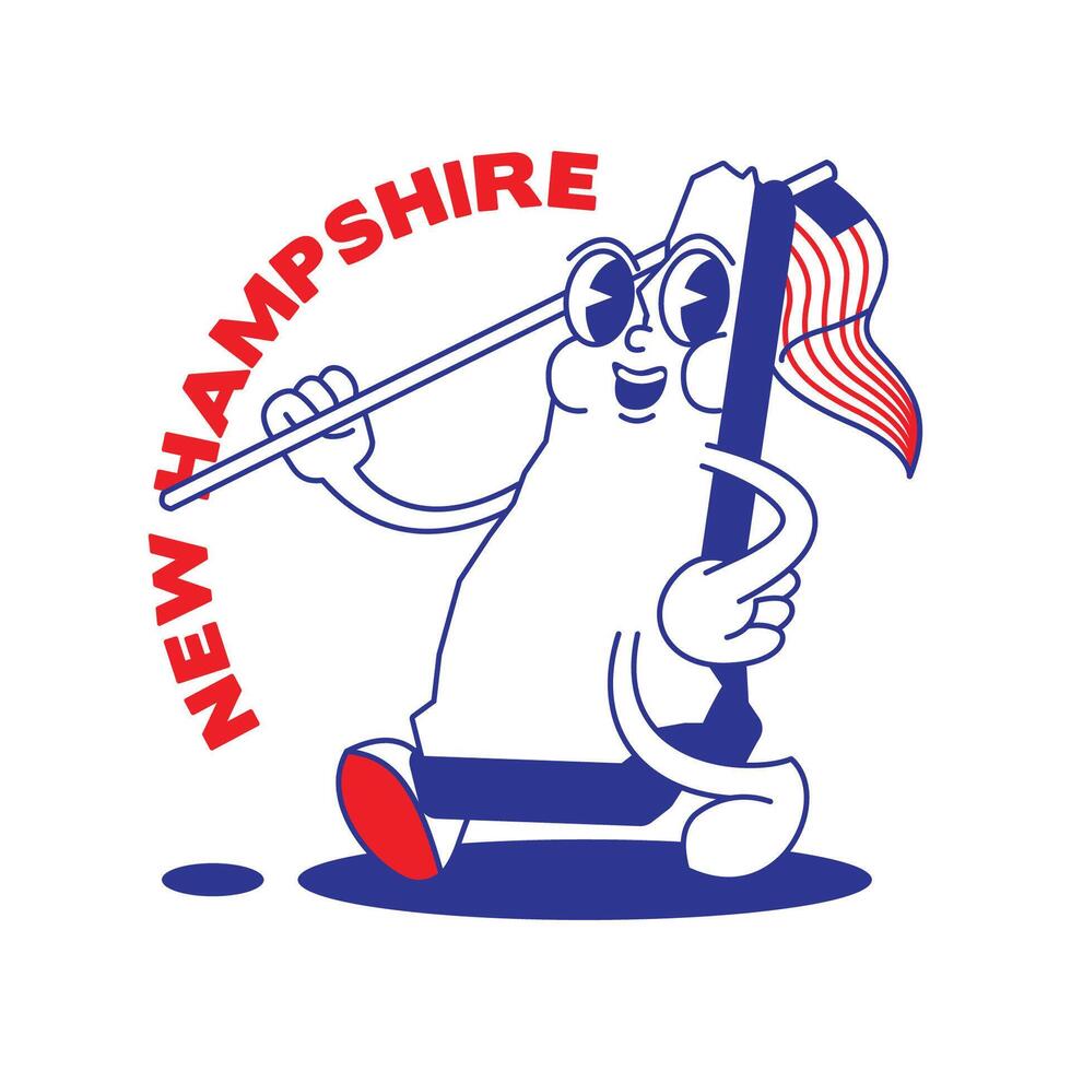 New Hampshire State retro mascot with hand and foot clip art. USA Map Retro cartoon stickers with funny comic characters and gloved hands. Vector template for website, design, cover, infographics.
