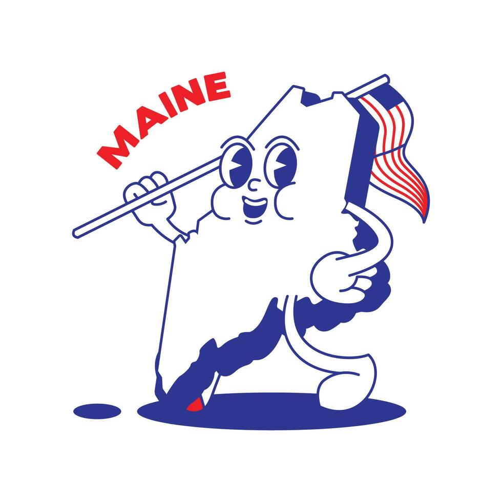 Maine estado retro mascota con mano y pie acortar Arte. Estados Unidos mapa retro dibujos animados pegatinas con gracioso cómic caracteres y enguantado manos. vector modelo para sitio web, diseño, cubrir, infografía.