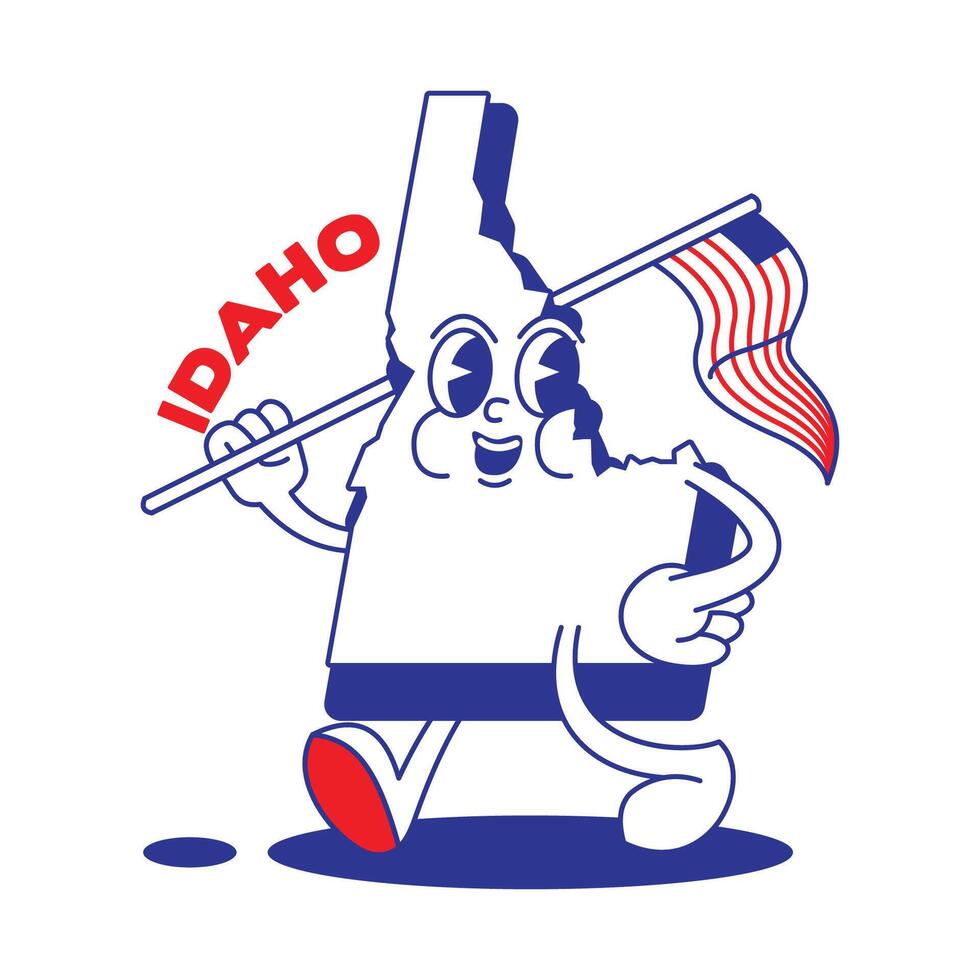 Idaho State retro mascot with hand and foot clip art. USA Map Retro cartoon stickers with funny comic characters and gloved hands. Vector template for website, design, cover, infographics.