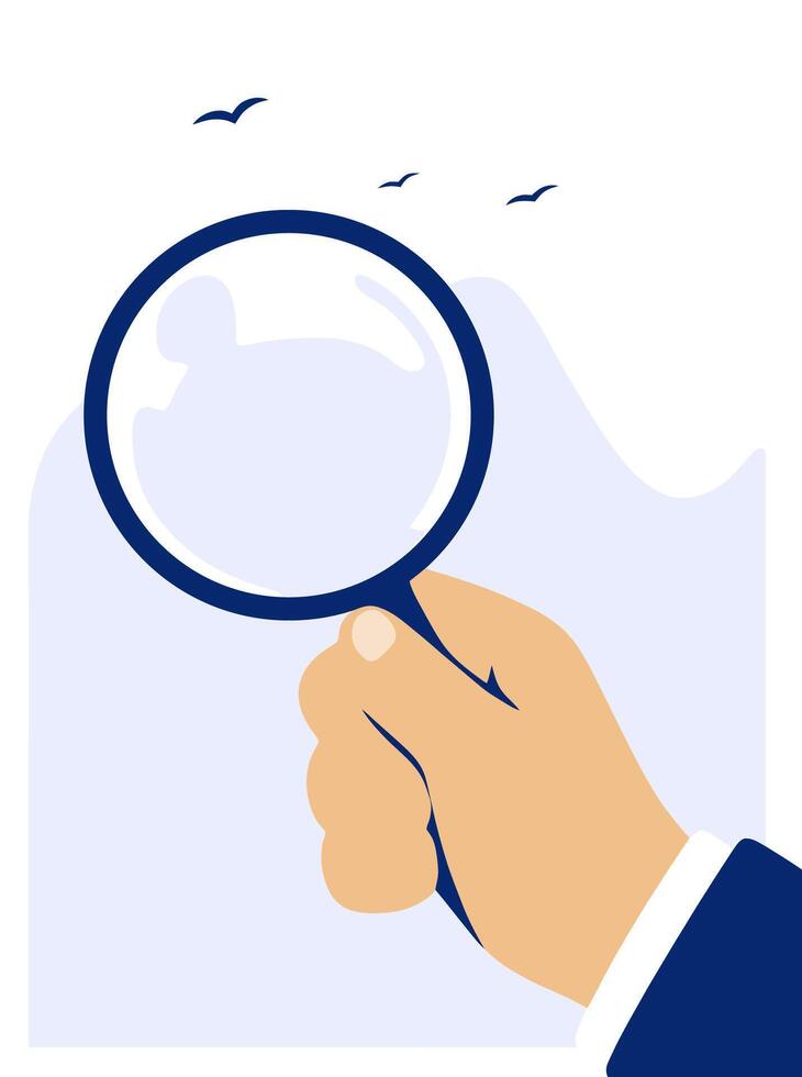 Hand with magnifying glass, vector illustration.