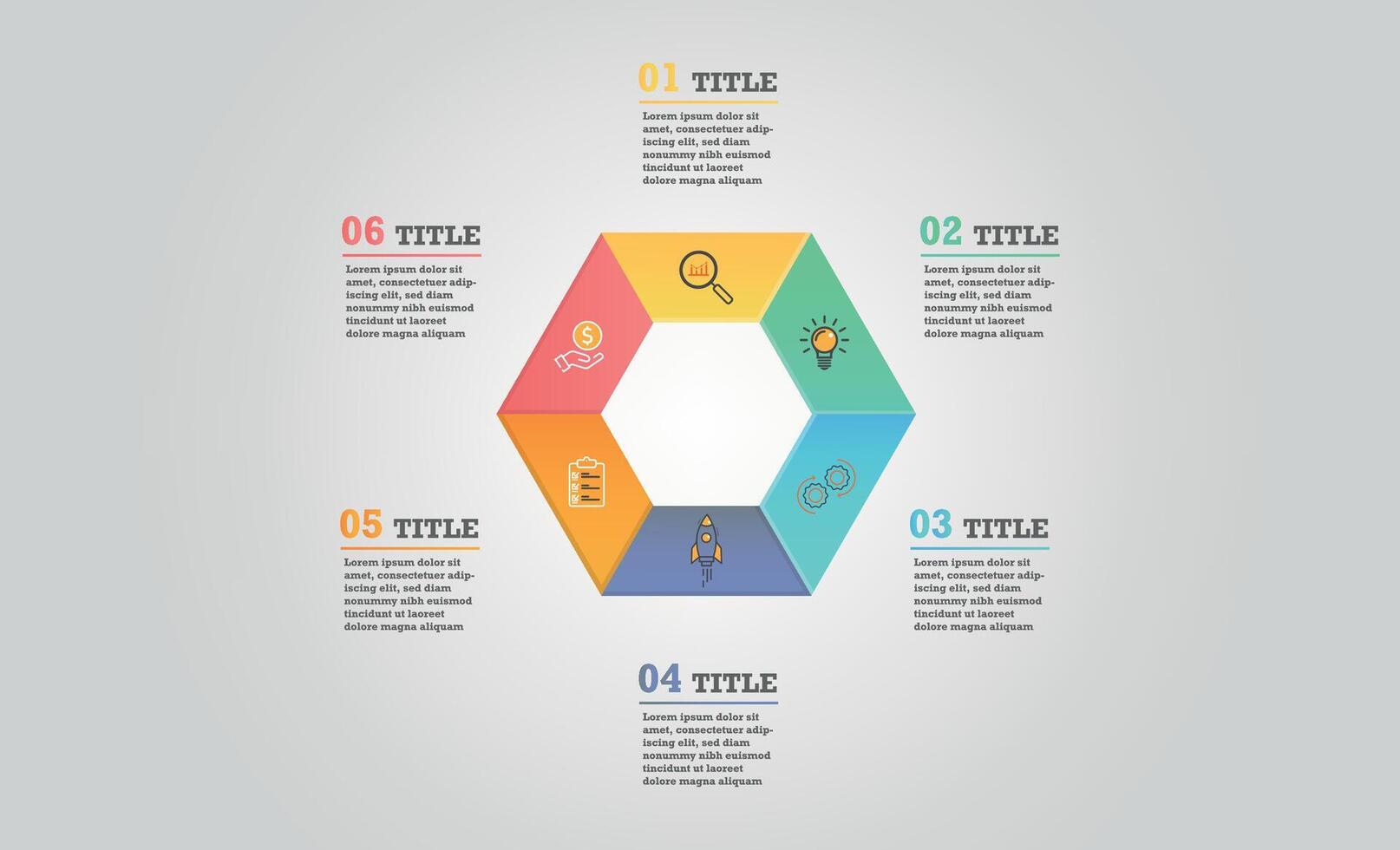 Pie chart, graph, diagram with 6 steps, options, parts, processes. vector