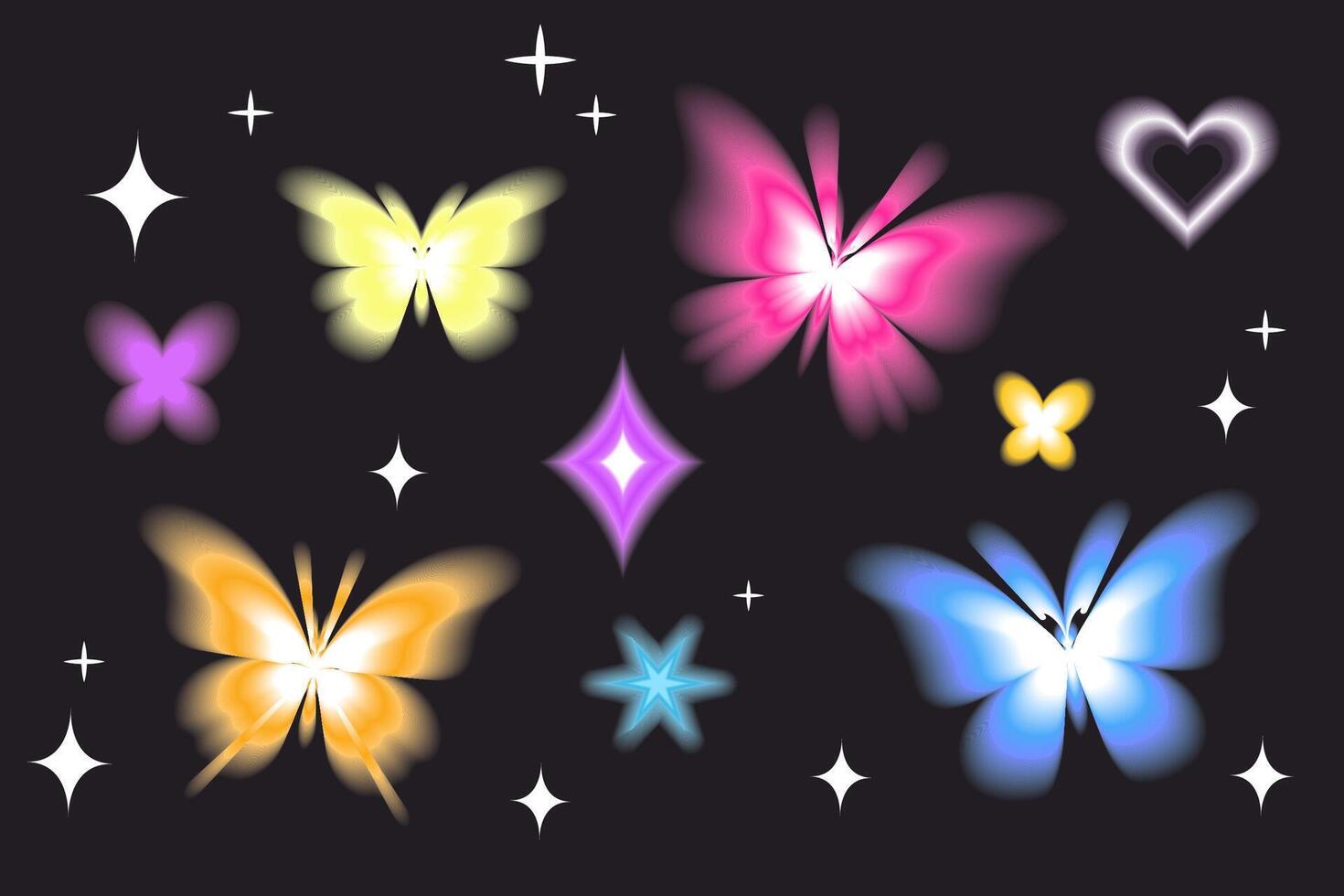 Aura butterfly y2k futuristic aesthetic figure collection, neon abstract blurry shapes isolated on dark background. Vector illustration