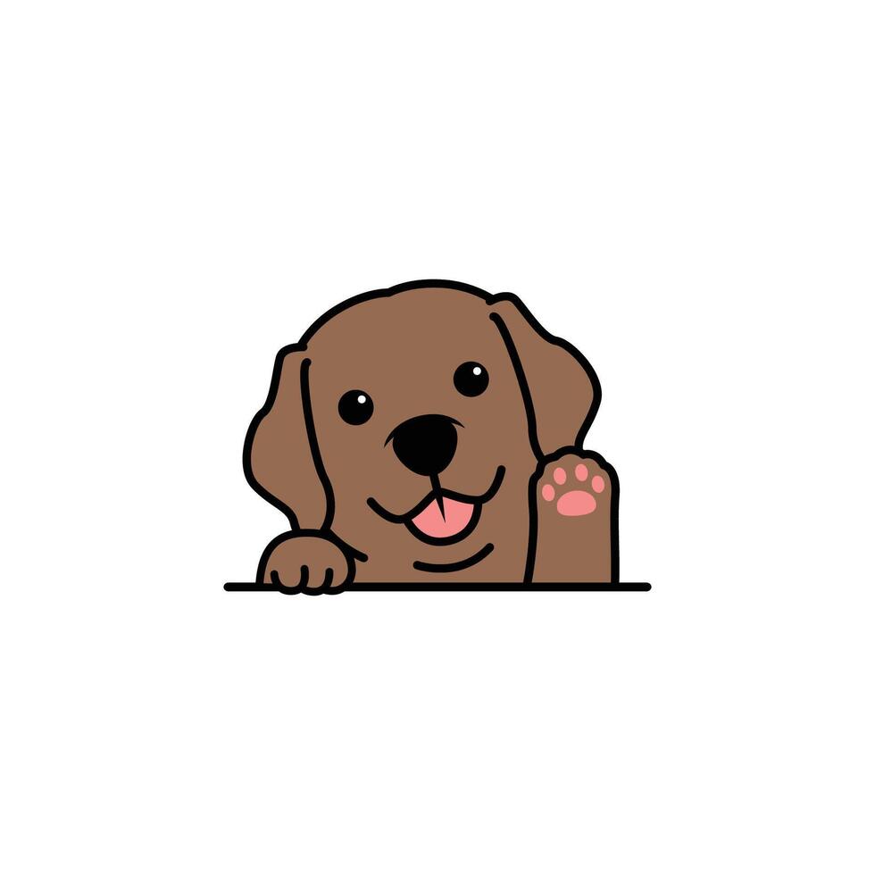 Cute chocolate brown labrador retriever puppy waving paw cartoon, vector illustration