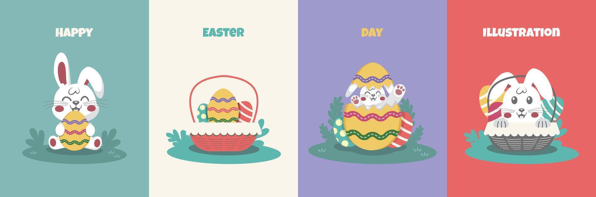 Happy Easter day illustration - cute bunny, eggs, and grass elements, vector illustration