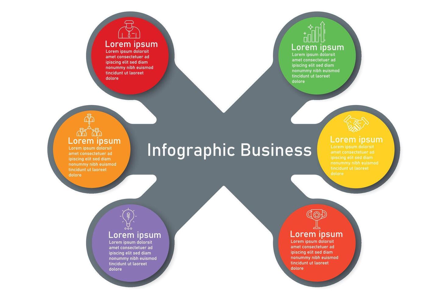 Infographic template for business information presentation. Vector geometry and icon elements. Modern workflow diagrams. Report plan 6 topics