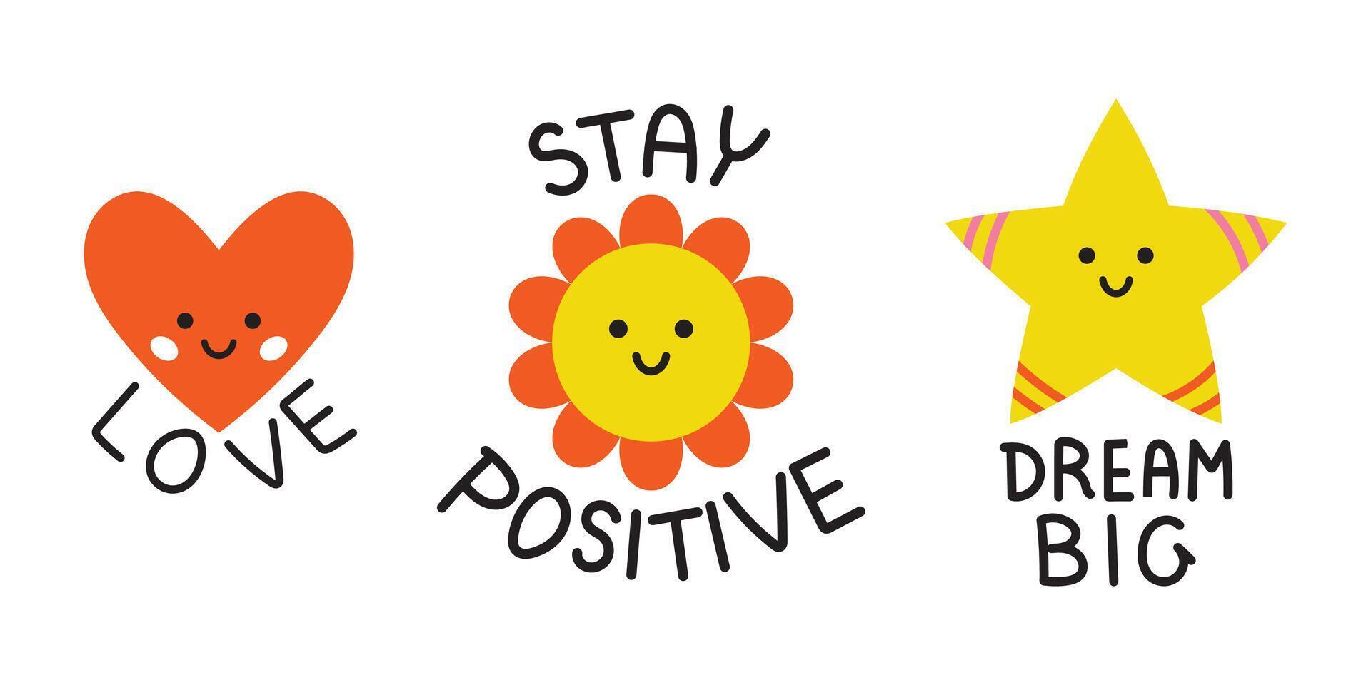 Vector motivational sticker set. Cute smiling heart, flower and star with positive phrases. Funny motivation stickers for planner. Clipart collection in flat design.