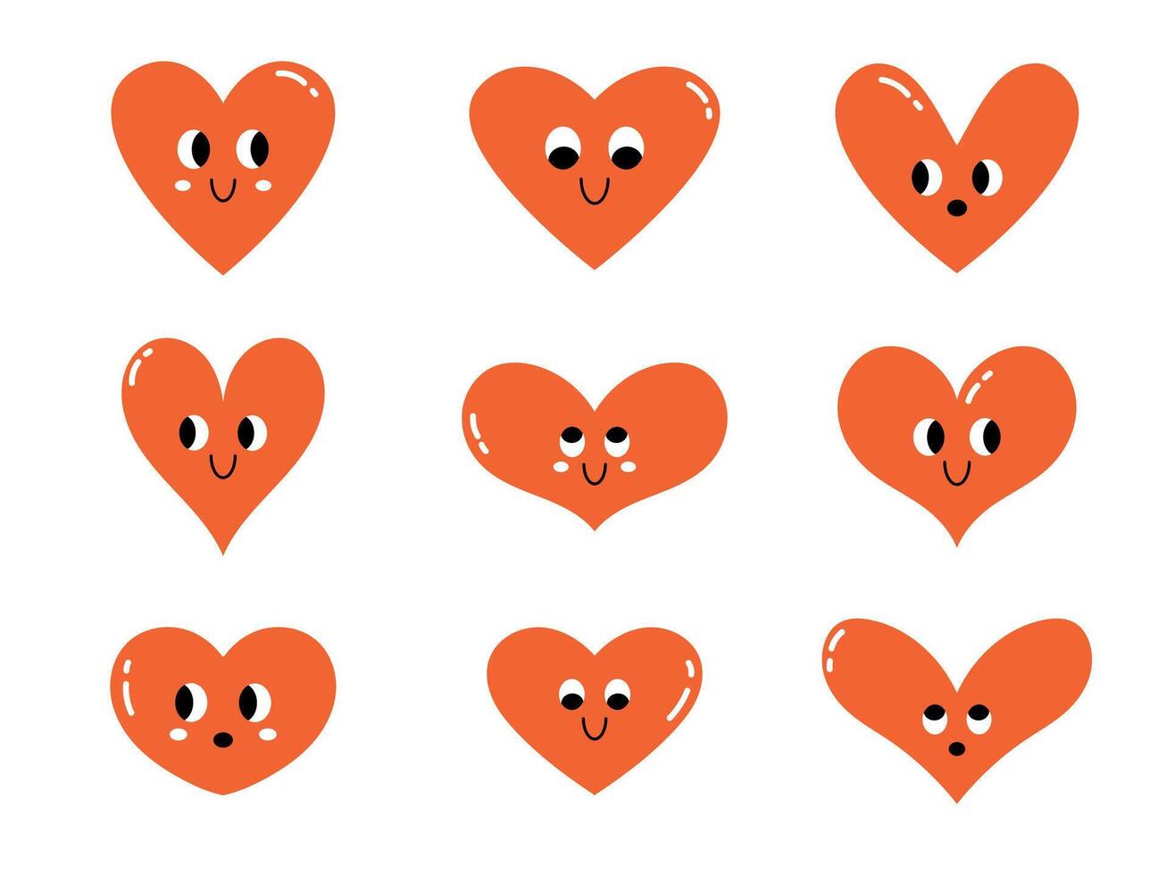 Vector valentines day set of smiling red hearts with faces. Love concept. Collection of funny heart characters. Valentines day celebration.