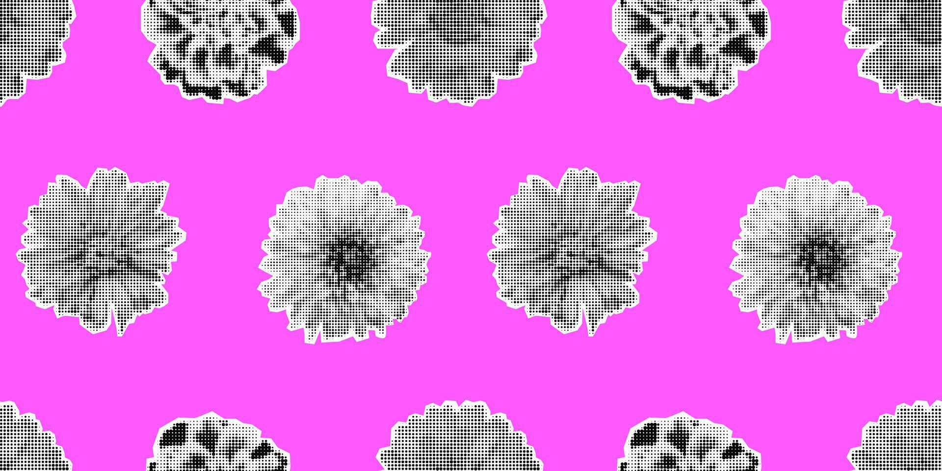 Vector seamless pattern with retro halftone flowers. Halftone collage floral print. Torn paper. Trendy pop art spring floral elements. Paper cutout flowers on pink background. Wrapping design.