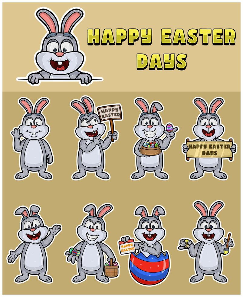 Cartoon of Rabbit with expression set and text. For Happy Easter Days. vector