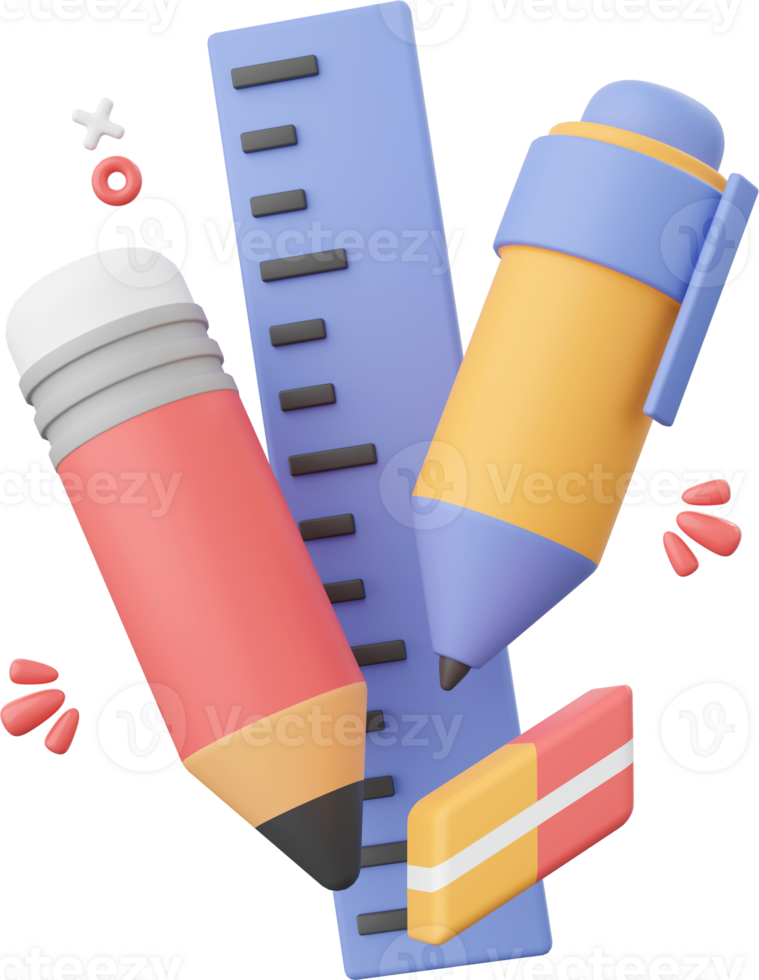 Stationery, 3d illustration elements of school supplies png