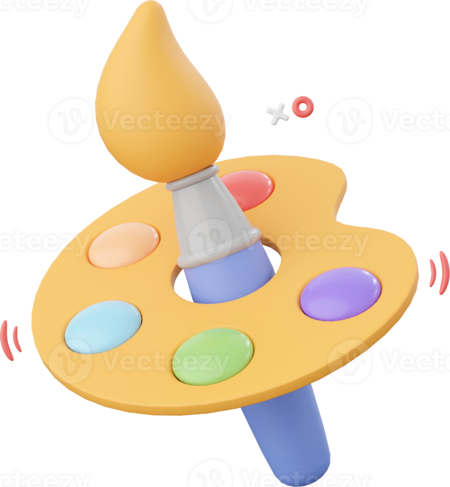 Paintbrush with color palette, 3d illustration elements of school supplies png