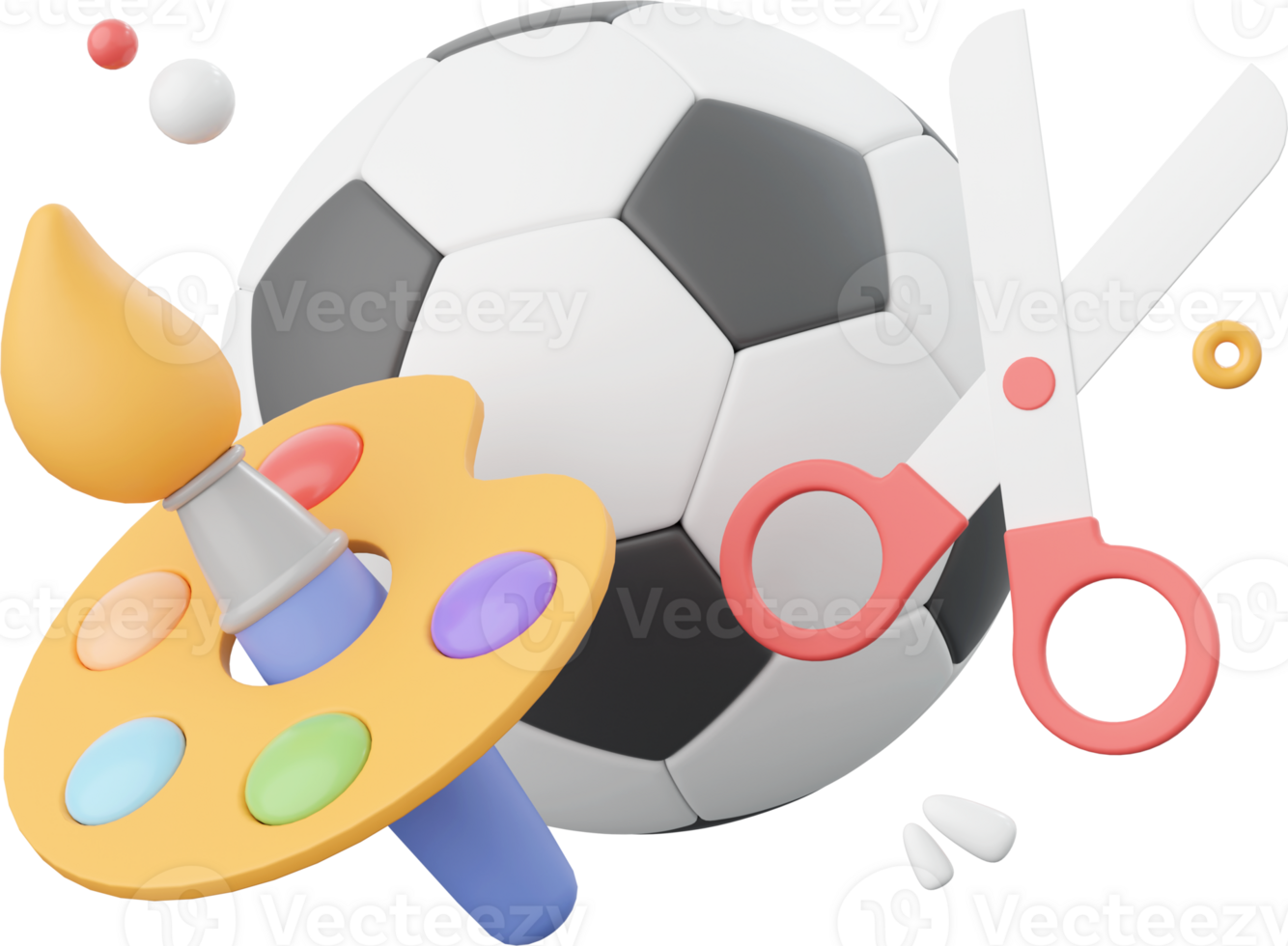 Football, paintbrush, color palette and scissors, 3d illustration elements of school supplies png
