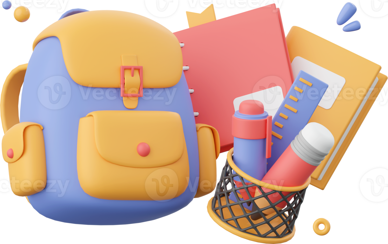 School bag and school supplies, 3d illustration elements of school supplies png