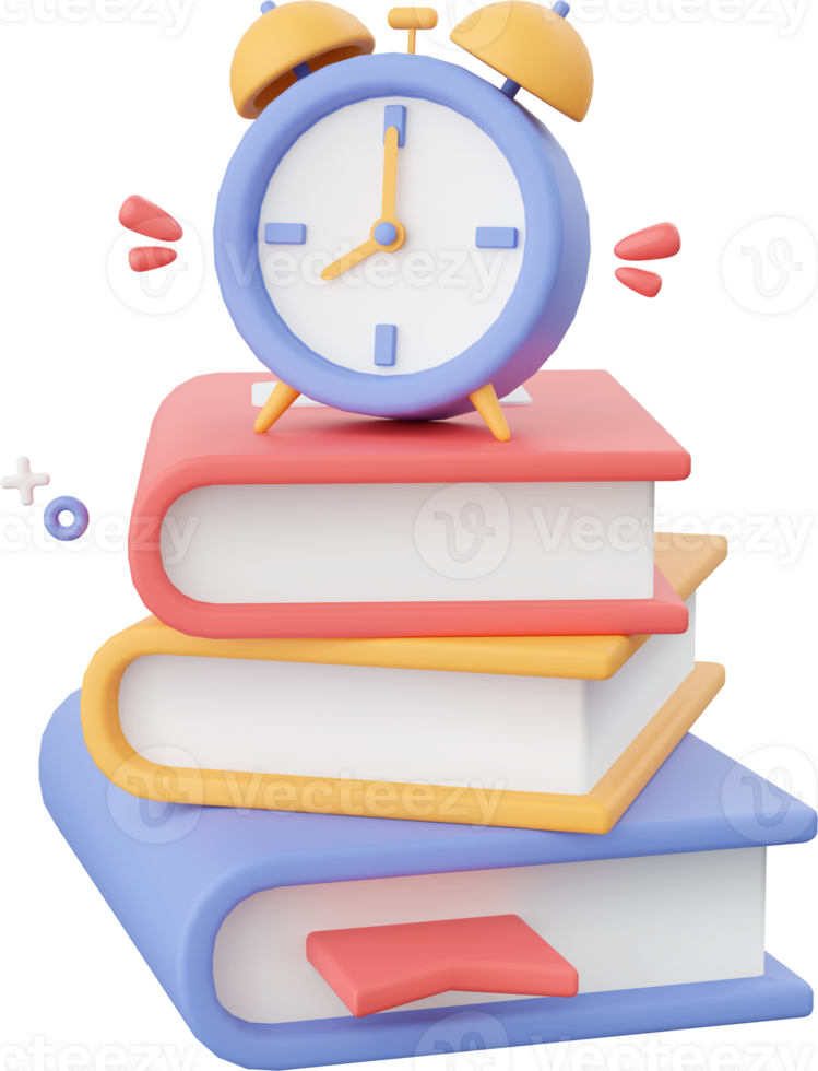 Alarm clock with books, 3d illustration elements of school supplies png