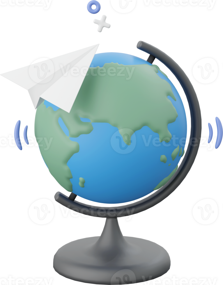 Educational globe with paper plane, 3d illustration elements of school supplies png