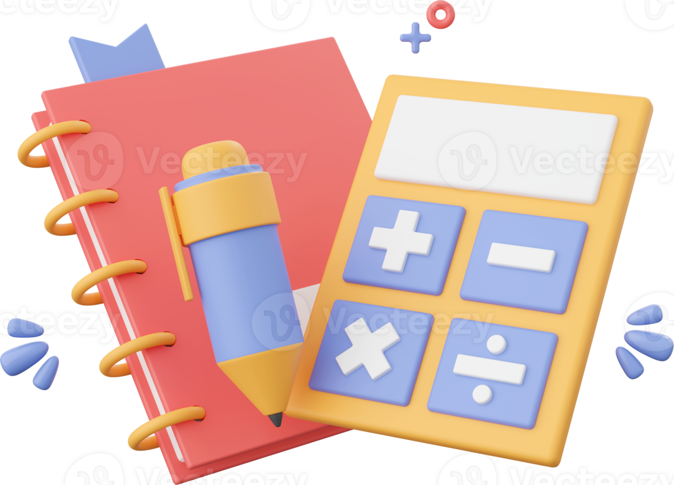Notebook, pen and calculator, 3d illustration elements of school supplies png