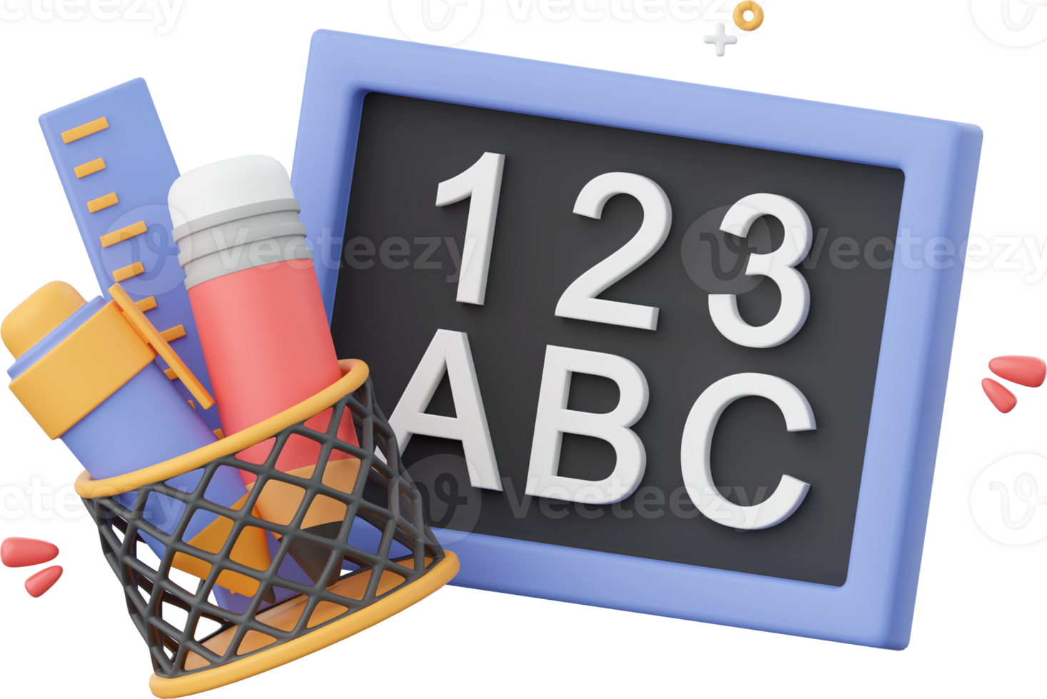 Blackboard with stationery, 3d illustration elements of school supplies png