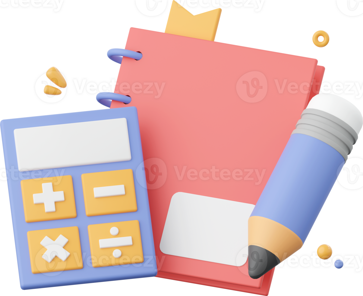 Notebook, pencil and calculator, 3d illustration elements of school supplies png