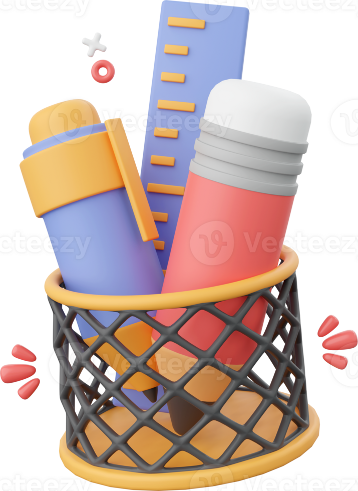Pen, pencil and ruler in a holder, 3d illustration elements of school supplies png