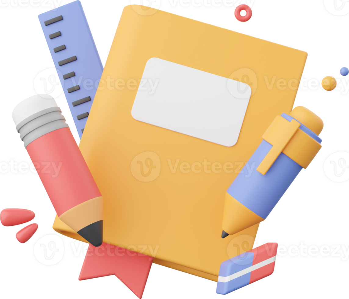 Book with stationery, 3d illustration elements of school supplies png