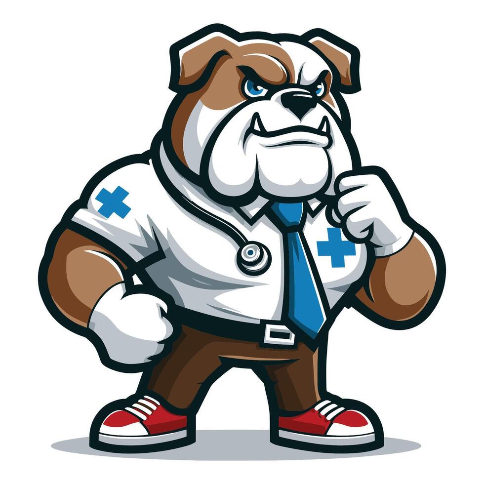 ai generado linda dibujos animados buldog perrito en médico uniforme con estetoscopio mascota personaje diseño vector, logo modelo aislado en blanco antecedentes vector