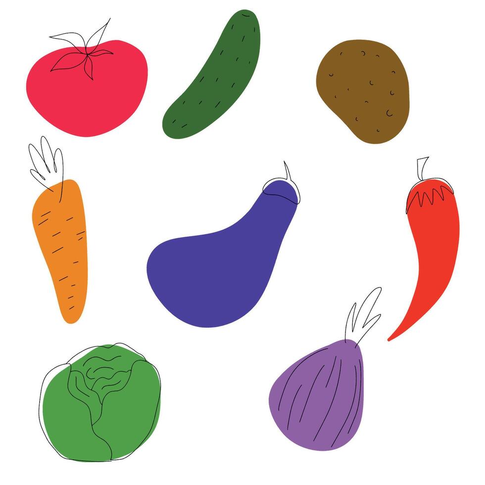 Colorful set of vegetables.  textured and monoline vector