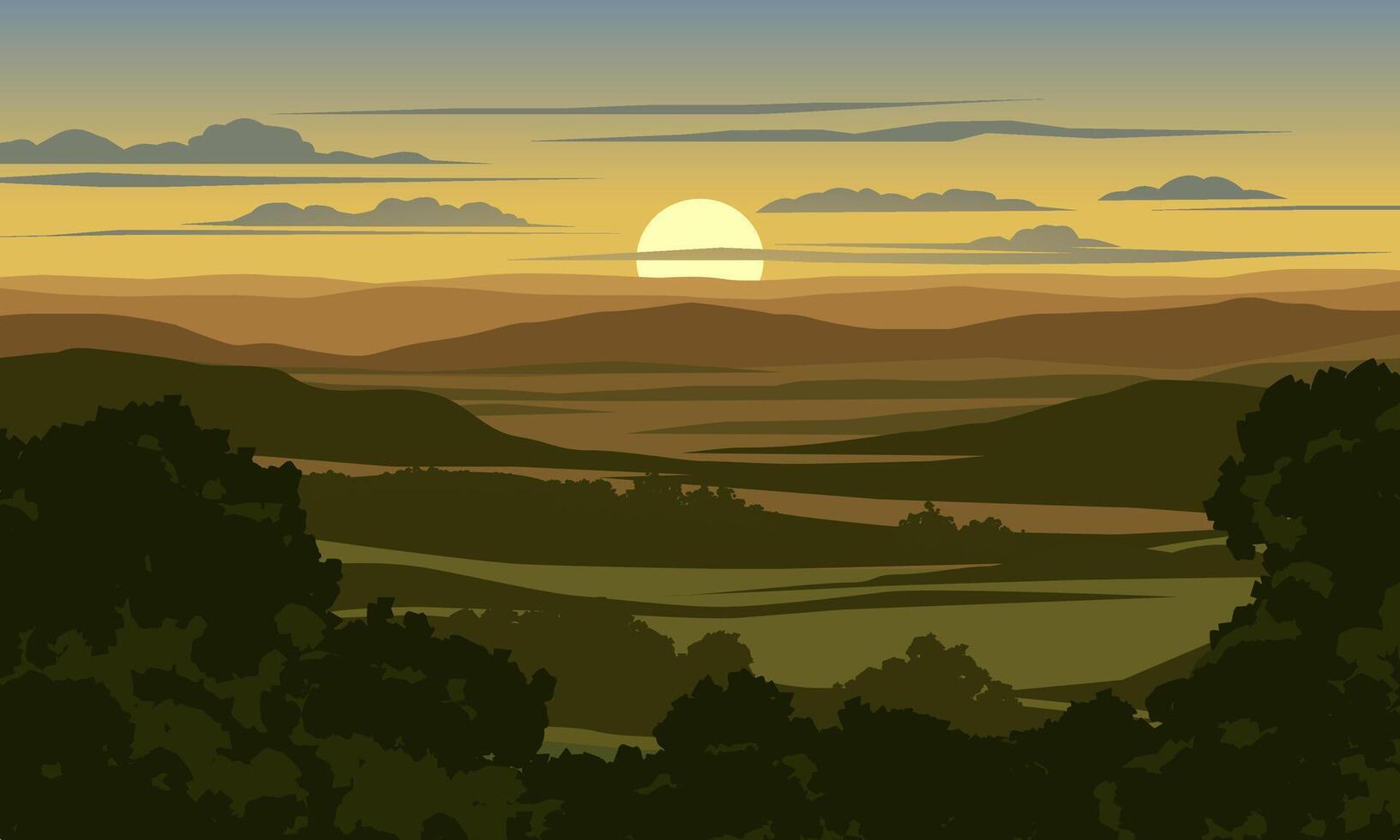 hermosa puesta de sol terminado montañas con colinas y bosque vector