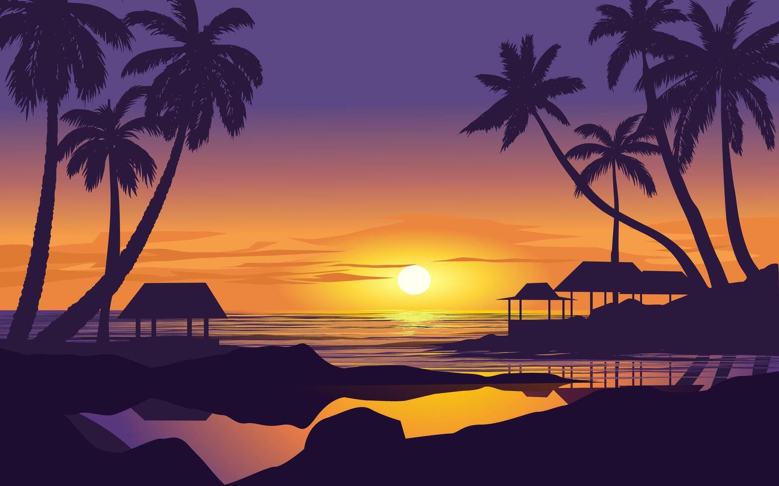 Dramatic sunset in beautiful beach with palm trees and resort vector