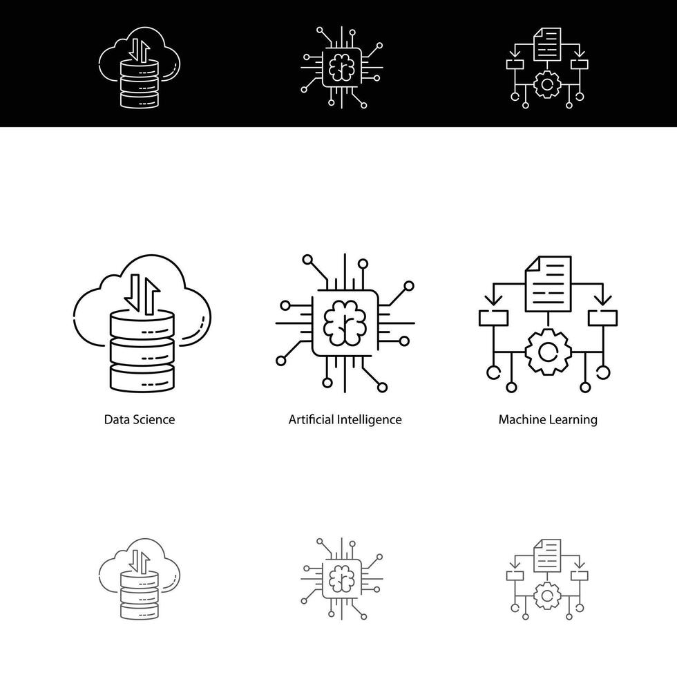 ai vs ml vs datos Ciencias vector icono conjunto explorador núcleo conceptos