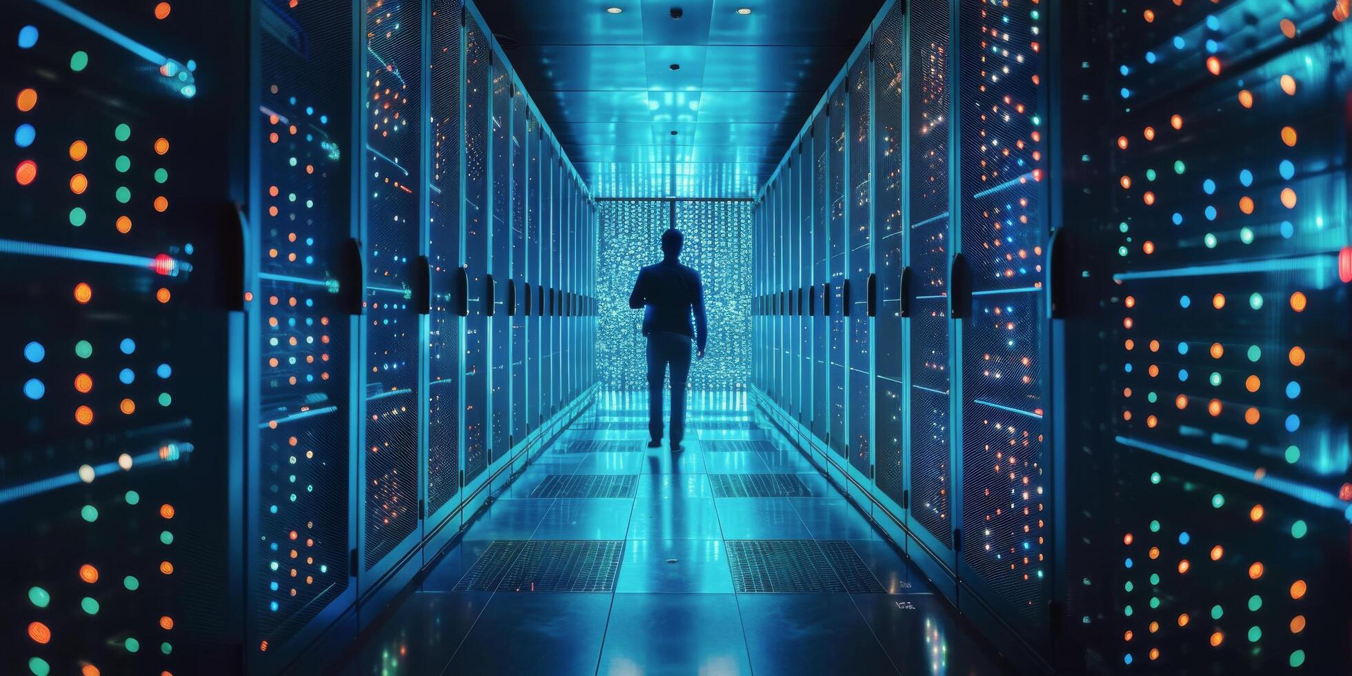AI generated Man Walking Through Tunnel of Lights photo