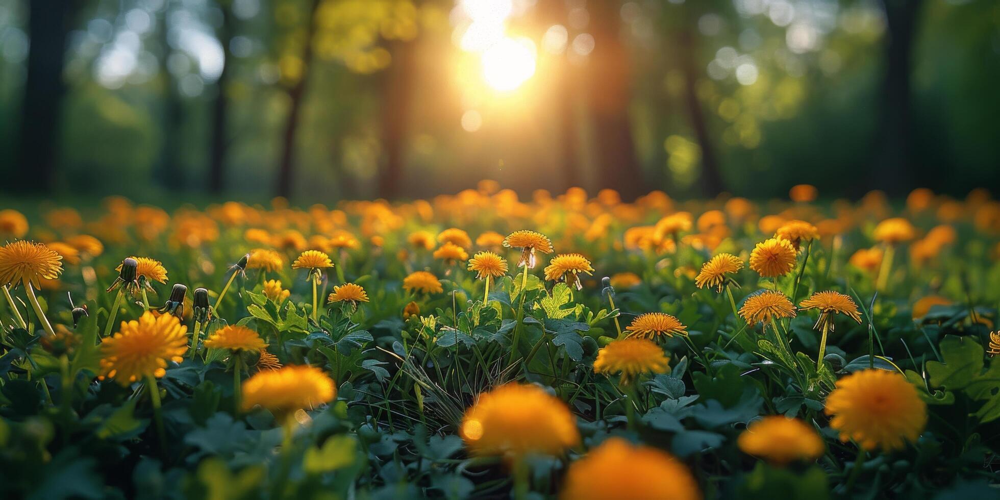 ai generado campo de amarillo diente de león con Dom antecedentes foto