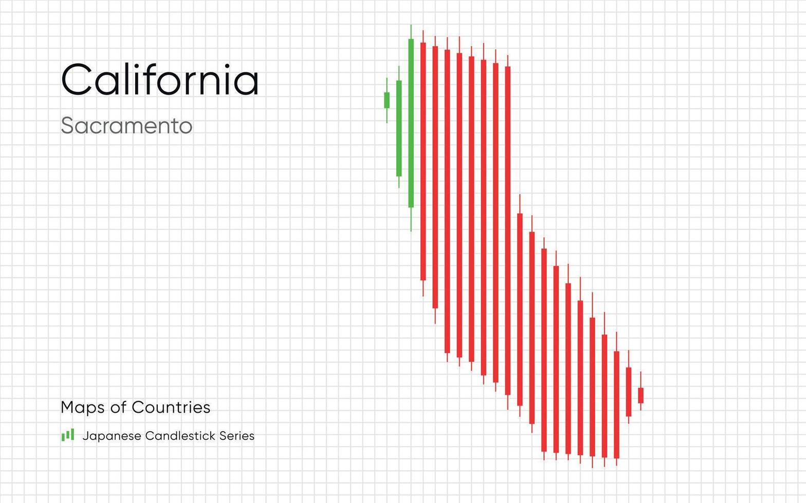 California map is shown in a chart with bars and lines. Japanese candlestick chart Series vector